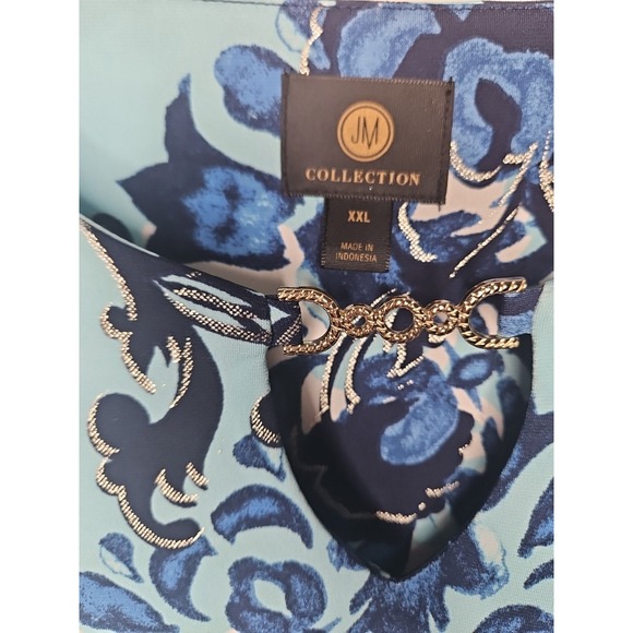 JM Collection Blouse XXL Blue Floral Boho Crochet Kimono Sleeves Tunic Top Chic - Picture 2 of 16